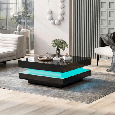High Gloss LED Coffee Table with Rotating Top, Black