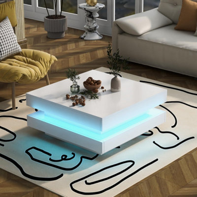High Gloss LED Coffee Table with Rotating Top, White