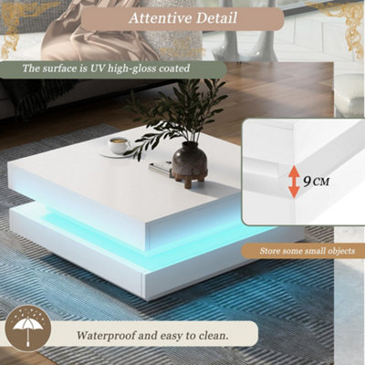 High Gloss LED Coffee Table with Rotating Top, White