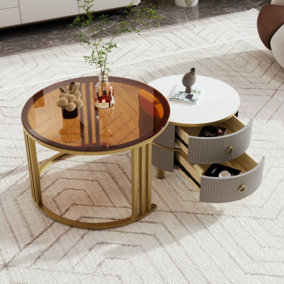 High Gloss Round 2-in-1 Coffee Table with Side Table