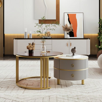 High Gloss Round 2-in-1 Coffee Table with Side Table