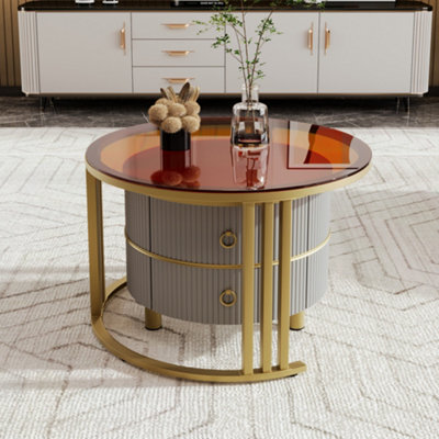 High Gloss Round 2-in-1 Coffee Table with Side Table