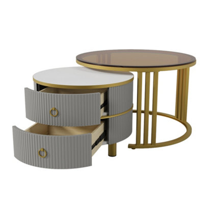 High Gloss Round 2-in-1 Coffee Table with Side Table