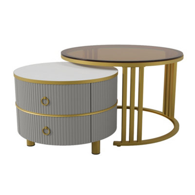 High Gloss Round 2-in-1 Coffee Table with Side Table
