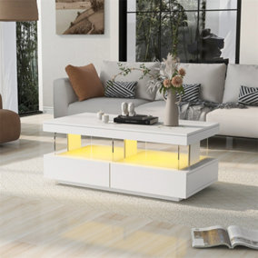 High Gloss Tea Table with 16-Color LED Lights, with 2 Drawers and Open Storage Space, White