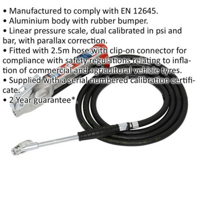 High-Performance Tyre Inflator with Twin Clip-On Connector and 2.5m Hose