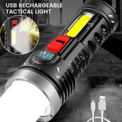 High Powered LED Torch - Super Bright, USB Rechargeable with COB Side ...