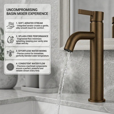 High Rise Tall Basin Mixer Tap for Sinks Modern Round Single Lever Bathroom Faucet, Durable Brass, BRONZE