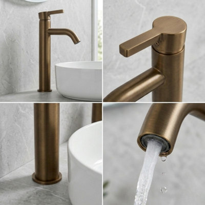 High Rise Tall Basin Mixer Tap for Sinks Modern Round Single Lever Bathroom Faucet, Durable Brass, BRONZE