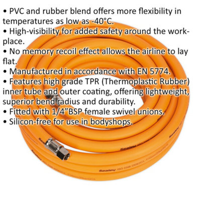 High-Visibility Hybrid Air Hose with 1/4 Inch BSP Unions - 10 Metres - 10mm  Bore