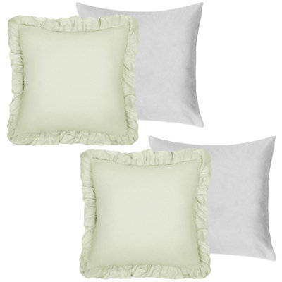 Highams 2 x Linen Frill Cushion Cover Filled Sofa, 45 x 45cm, Sage