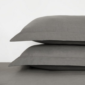 Highams 2 x Soft Polycotton Oxford Edge Pillowcase Set, Charcoal - 50 x 75cm