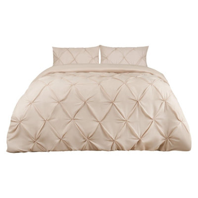 Highams Diamond Pintuck Duvet Cover with Pillowcase, Beige - King