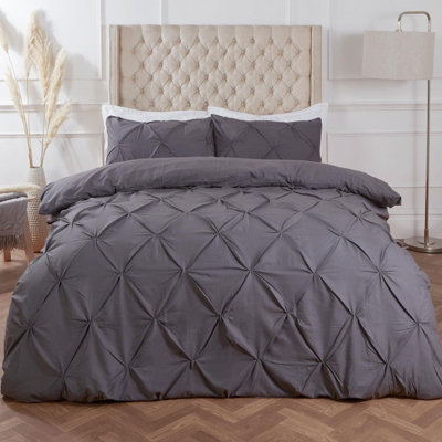 Highams Diamond Pintuck Duvet Cover with Pillowcase, Charcoal - Double