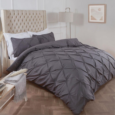 Highams Diamond Pintuck Duvet Cover with Pillowcase, Charcoal - King