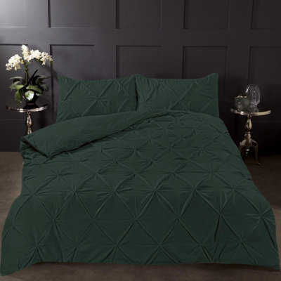 Highams Diamond Pintuck Duvet Cover with Pillowcase, Green - Double