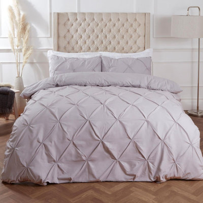 Highams Diamond Pintuck Duvet Cover with Pillowcase, Silver - Double