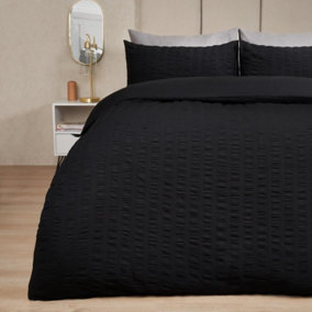Highams Seersucker Duvet Cover with Pillow Case Bedding Set, Black - Double
