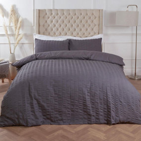 Highams Seersucker Duvet Cover with Pillowcase Bedding, Charcoal Grey - Double