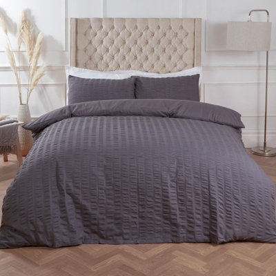 Highams Seersucker Duvet Cover with Pillowcase Bedding, Charcoal Grey - Single