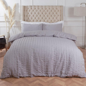 Highams Seersucker Duvet Cover with Pillowcase Bedding, Silver Grey - Double