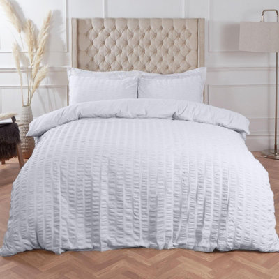 Highams Seersucker Duvet Cover with Pillowcase Bedding, White - Double