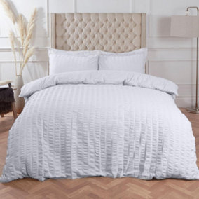 Highams Seersucker Duvet Cover with Pillowcase Bedding, White - Superking