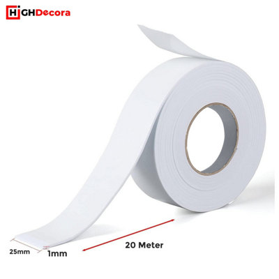 Highdecora Double Sided Self Adhesive Multipurpose Mirror Mounting Foam Tape 25mm Wide, 1mm Thickness (White-2 Rolls, 20M Each)