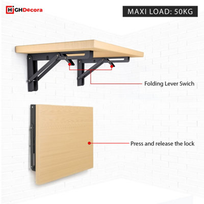 Highdecora Folding Shelf Brackets, 2 Pcs Heavy Duty Foldable Shelf Brackets Metal Wall Mounted Foldable (White, 16 inch)