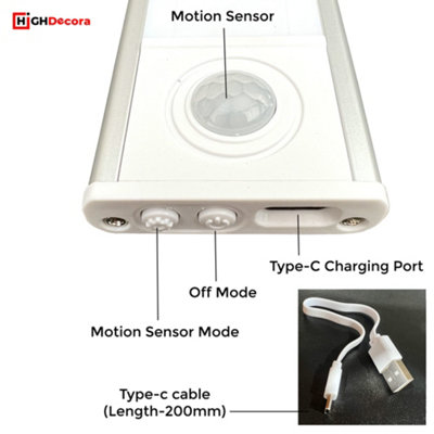 Highdecora Smart Motion Sensor LED Lights Indoor USB Rechargeable Automatic LED Sensor Light (Silver, 400MM(40CM))