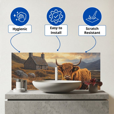 Highland Cow And A Cottage Glass Bathroom Splashback