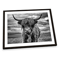 Highland Cow Black and White FRAMED ART PRINT Picture Artwork Black Frame A2 (H)47cm x (W)64cm