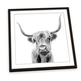 Highland Cow Black and White Grey FRAMED ART PRINT Picture Square Artwork Black Frame (H)25cm x (W)25cm
