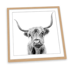 Highland Cow Black and White Grey FRAMED ART PRINT Picture Square Artwork Light Oak Frame (H)25cm x (W)25cm