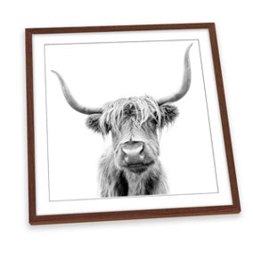 Highland Cow Black and White Grey FRAMED ART PRINT Picture Square Artwork Walnut Frame (H)25cm x (W)25cm