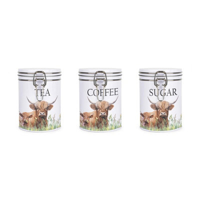 Highland Cow Calf Tea Coffee Sugar Canister Set Farmyard