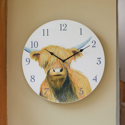 Highland Cow Indoor or Outdoor Wall Clock - Battery Powered Weather Resistant Home or Garden Round Quartz Clock - 30cm Diameter