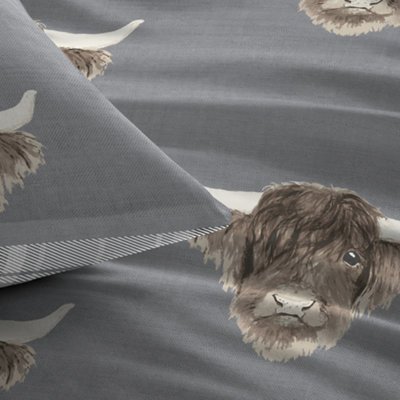 Highland Cow Print With Tartan Reverse Duvet Cover Set