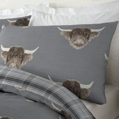 Highland Cow Print With Tartan Reverse Duvet Cover Set