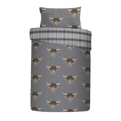 Highland Cow Print With Tartan Reverse Duvet Cover Set