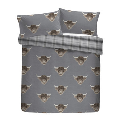 Highland Cow Print With Tartan Reverse Duvet Cover Set