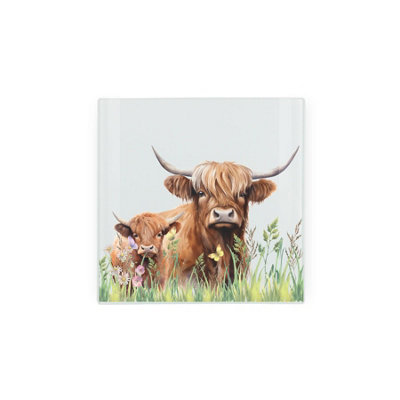 Highland Cow Square Glass Trivet - Mum & Calf Hot Pot Stand Chopping Board