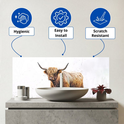 Highland Cow Watercolour Glass Bathroom Splashback