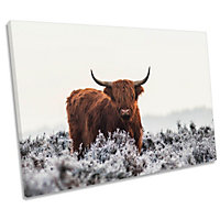 Highland Cow Winter Frost CANVAS WALL ART Print Picture (H)61cm x (W)91cm