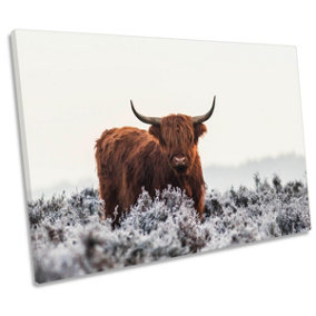 Highland Cow Winter Frost CANVAS WALL ART Print Picture (H)61cm x (W)91cm