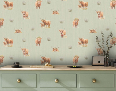 Highland Cows Sage Wallpaper by Holden 14380
