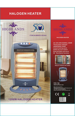 Highlands 3 Bar Halogen Heater with Carry Handle, Safety Tip-Over Switch, 1200W, Grey  - Comes with 2 Spare Bulbs