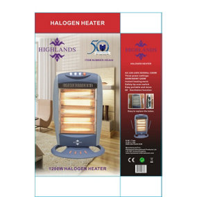 Highlands 3 Bar Halogen Heater with Carry Handle, Safety Tip-Over Switch, 1200W, Grey  - Comes with 2 Spare Bulbs