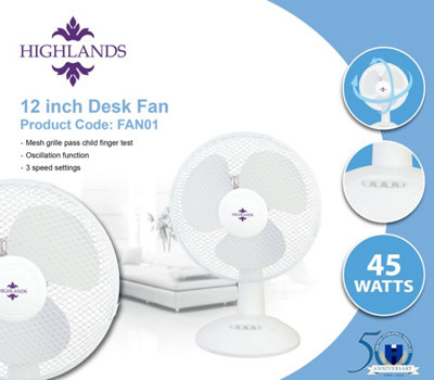 Highlands Desk Fan 3 Speed Silent & Compact Cooling Fan, 12 Inch Oscillating Desk Fan, A Must Have Essential For Summer