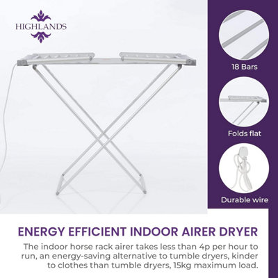 Highlands Electric Heated Clothes Dryer Folding Energy-Efficient Indoor Airer Wet Laundry Drying Horse Rack, Silver